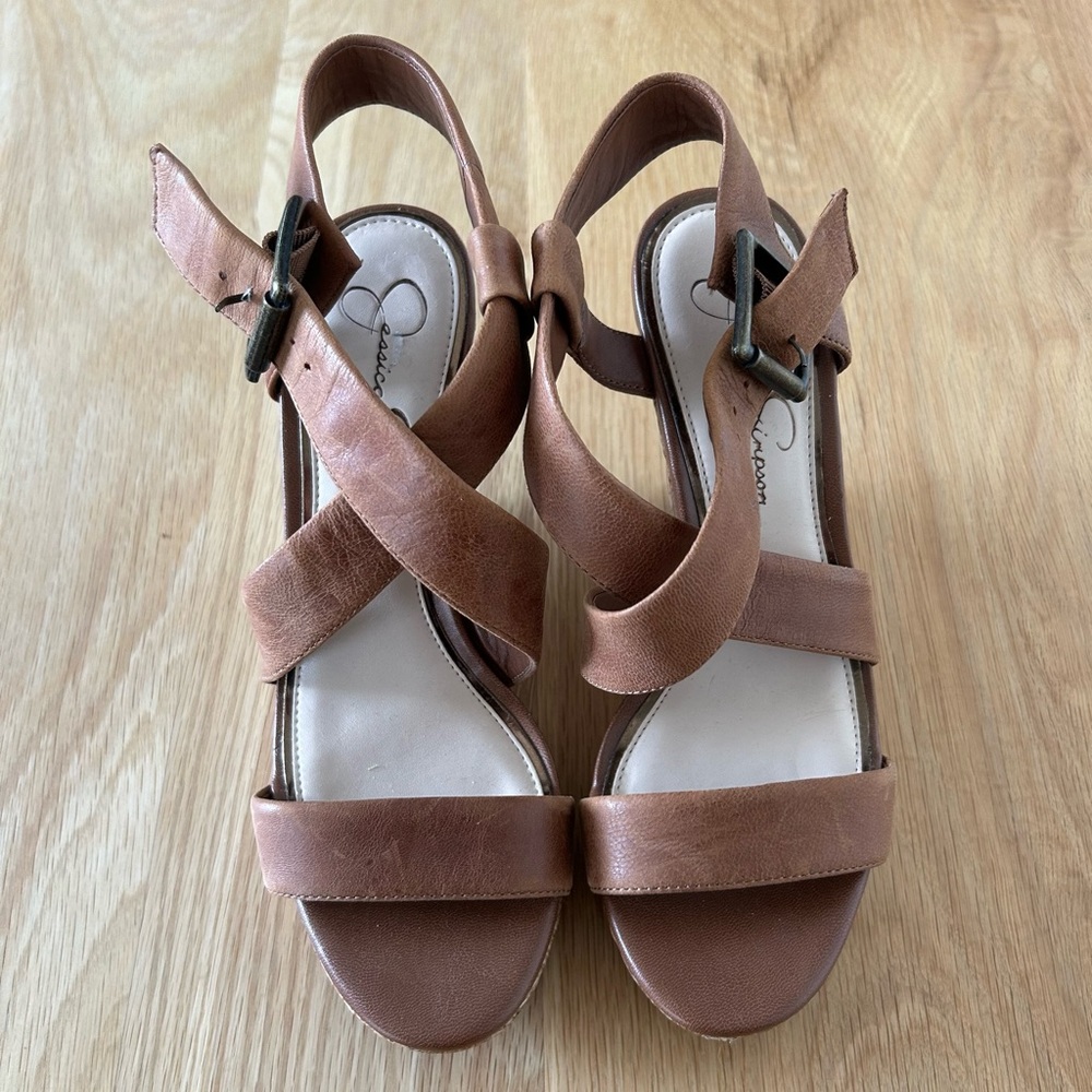 Jessica Simpson Cognac brown leather wedge rattan heels size 8